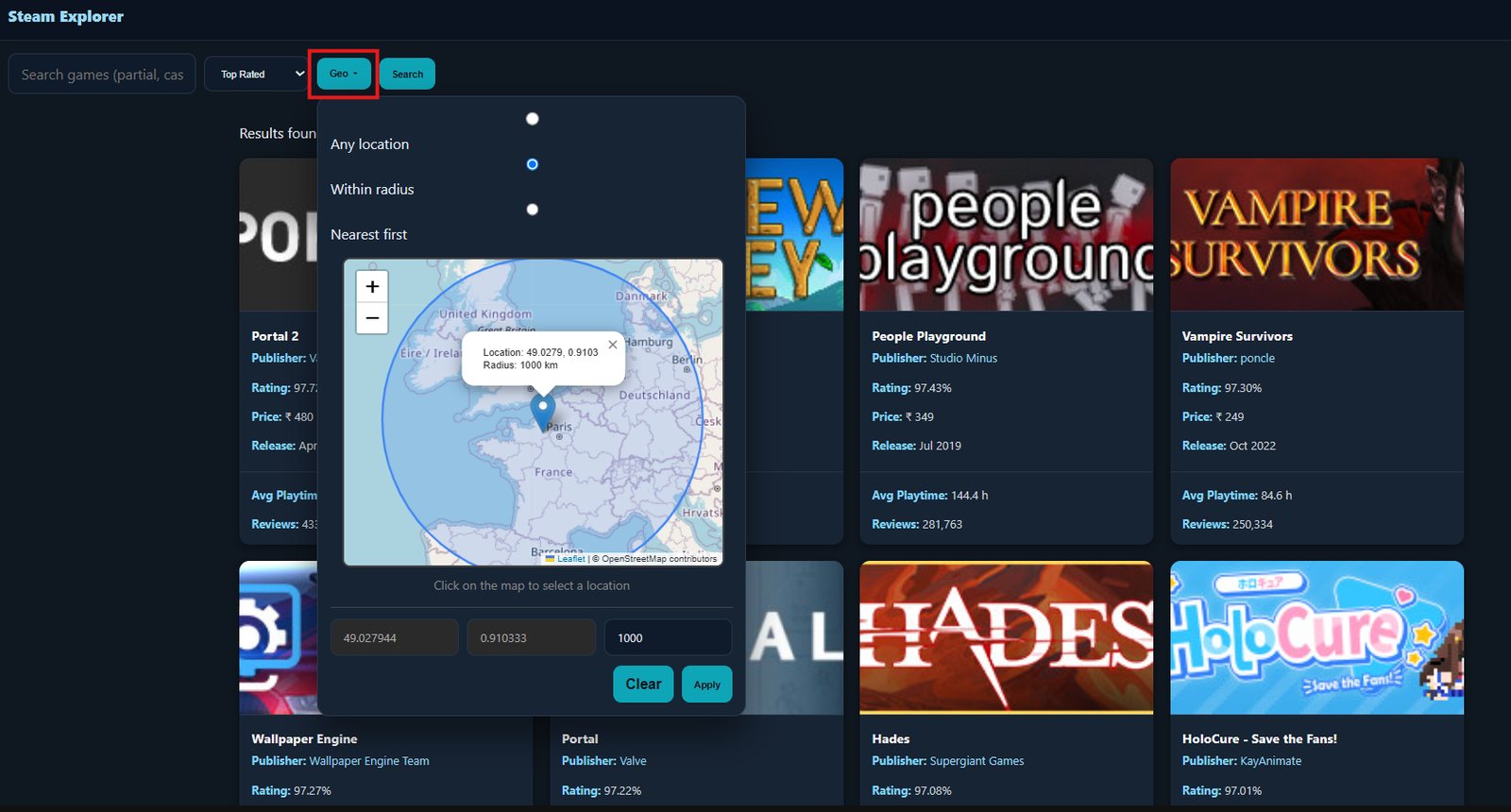 Location search panel with a map, a pin and a radius circle over western Europe, and options for any location, within radius or nearest first